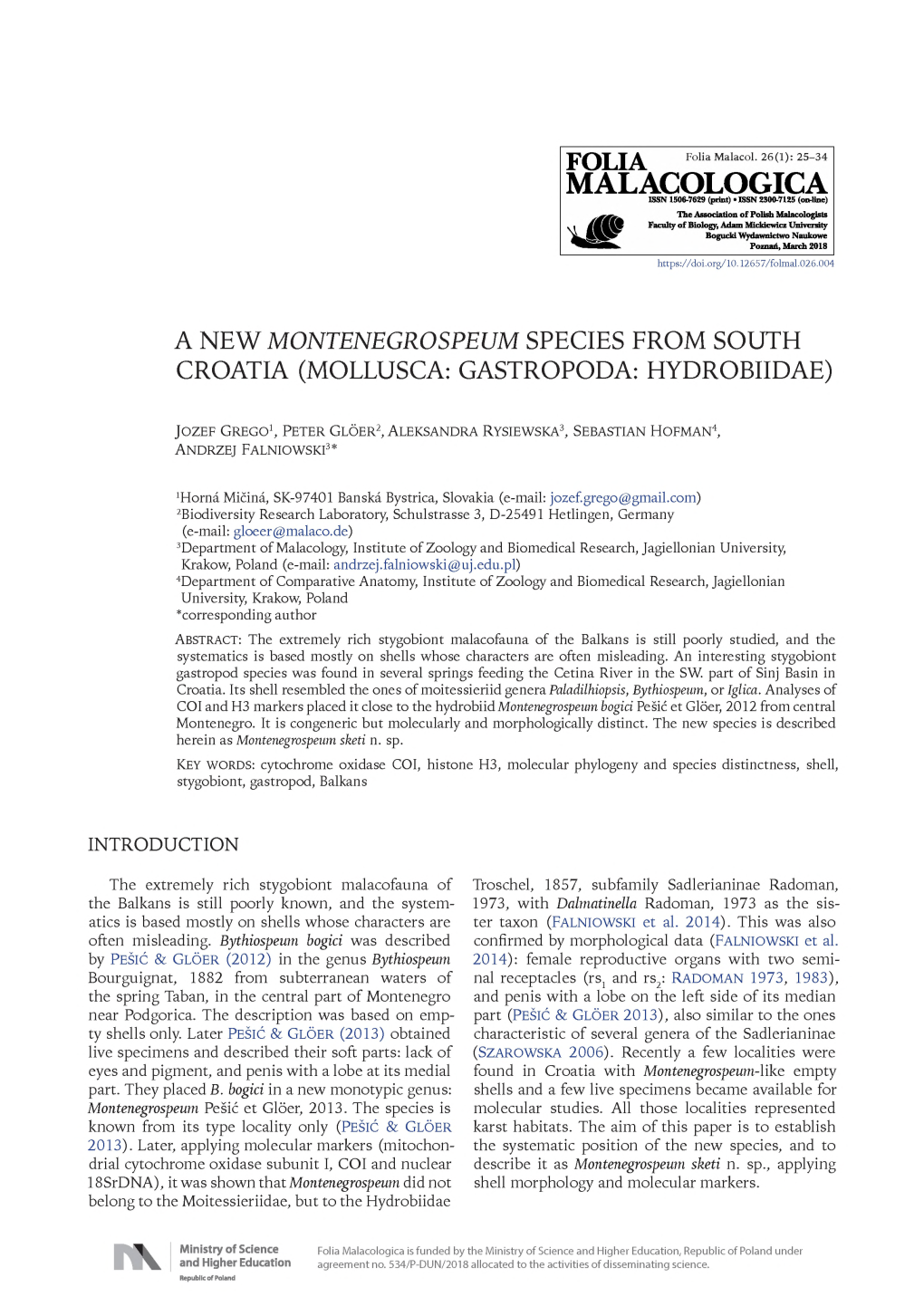 A New Montenegrospeum Species from South Croatia (Mollusca: Gastropoda: Hydrobiidae)