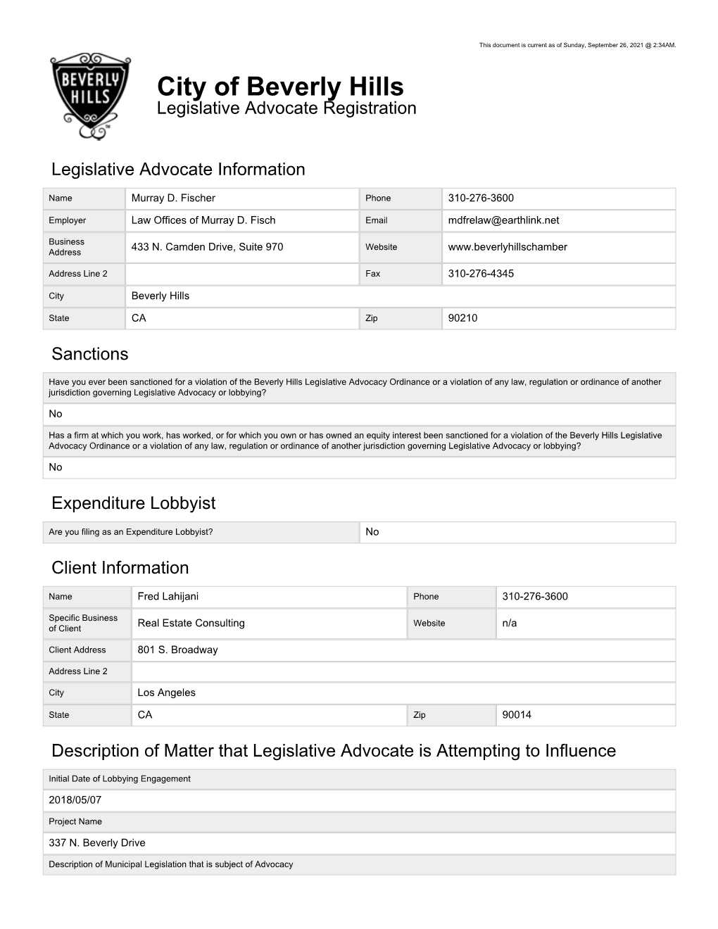 City of Beverly Hills Legislative Advocate Registration