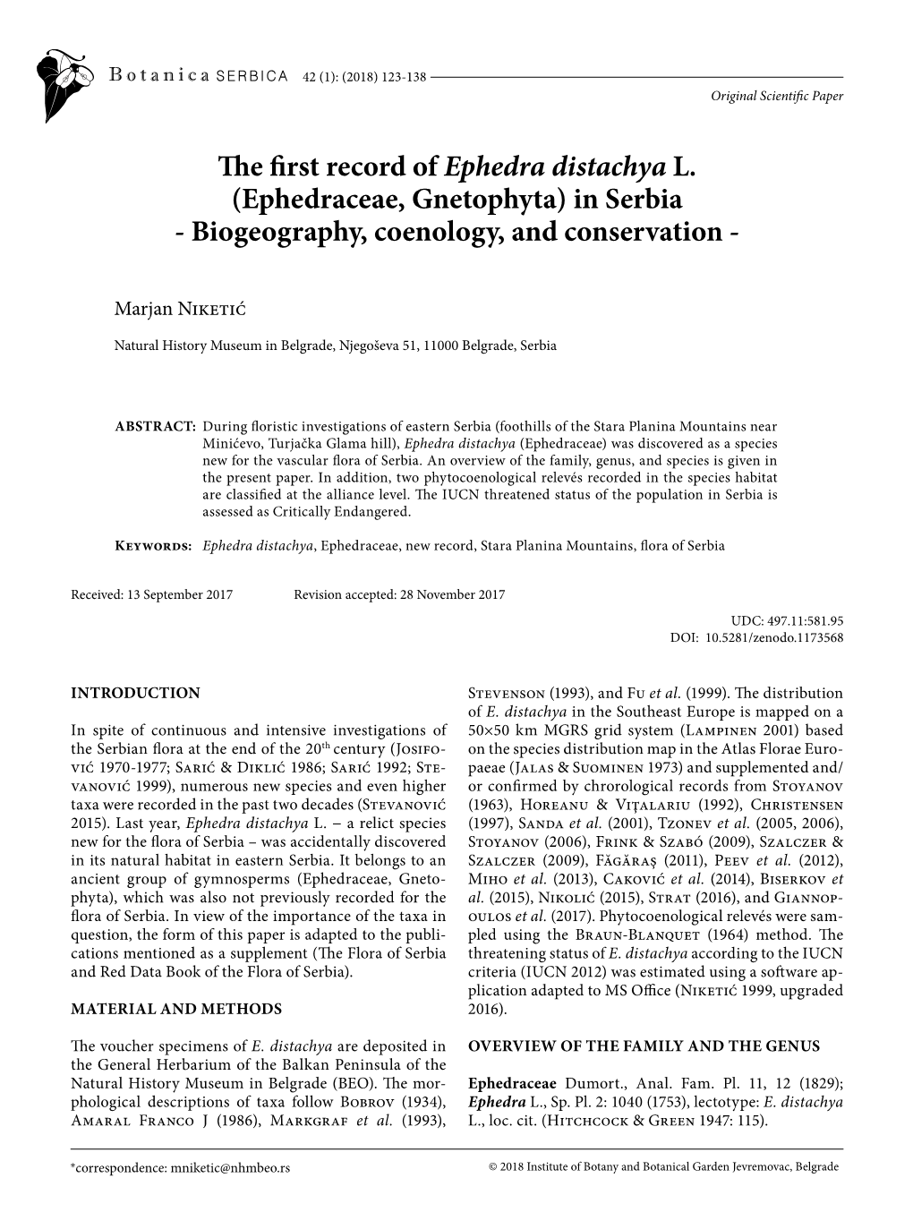 The First Record of Ephedra Distachya L. (Ephedraceae, Gnetophyta) in Serbia - Biogeography, Coenology, and Conservation