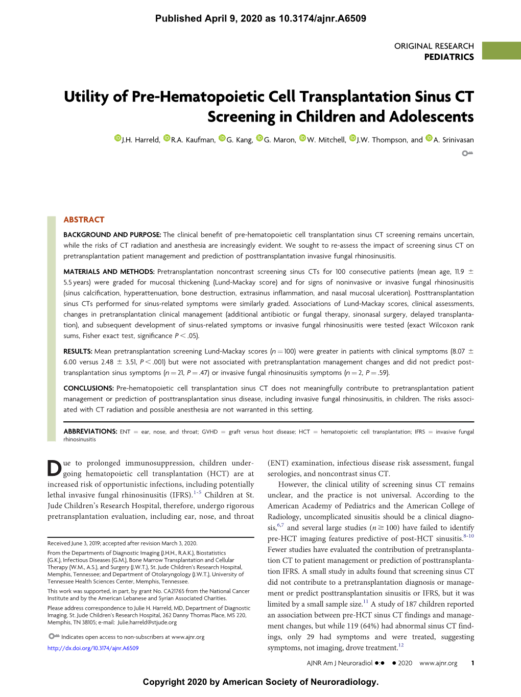 Utility of Pre-Hematopoietic Cell Transplantation Sinus CT Screening in Children and Adolescents