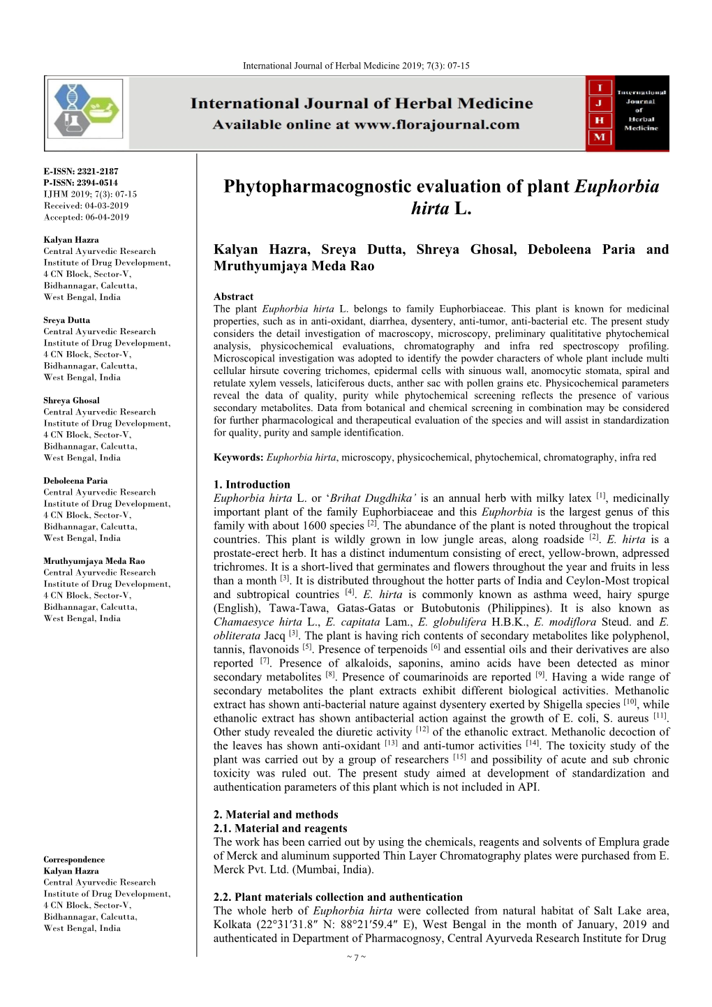 Phytopharmacognostic Evaluation of Plant Euphorbia Hirta L