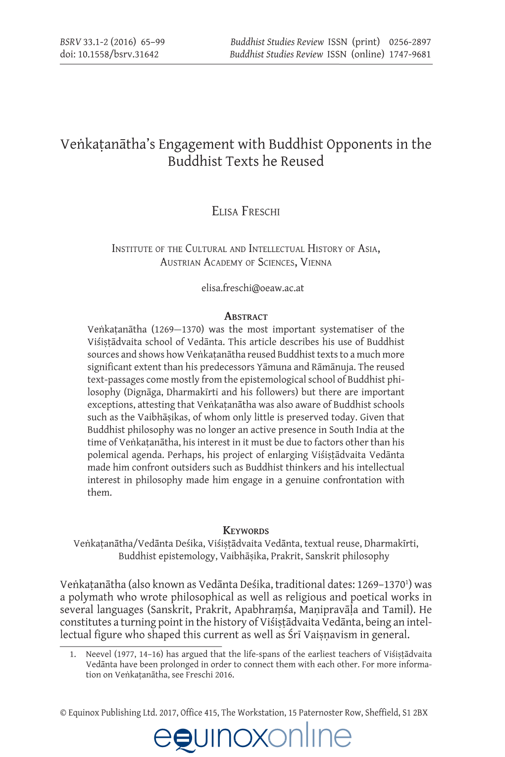 Veṅkaṭanātha's Engagement with Buddhist Opponents in the Buddhist