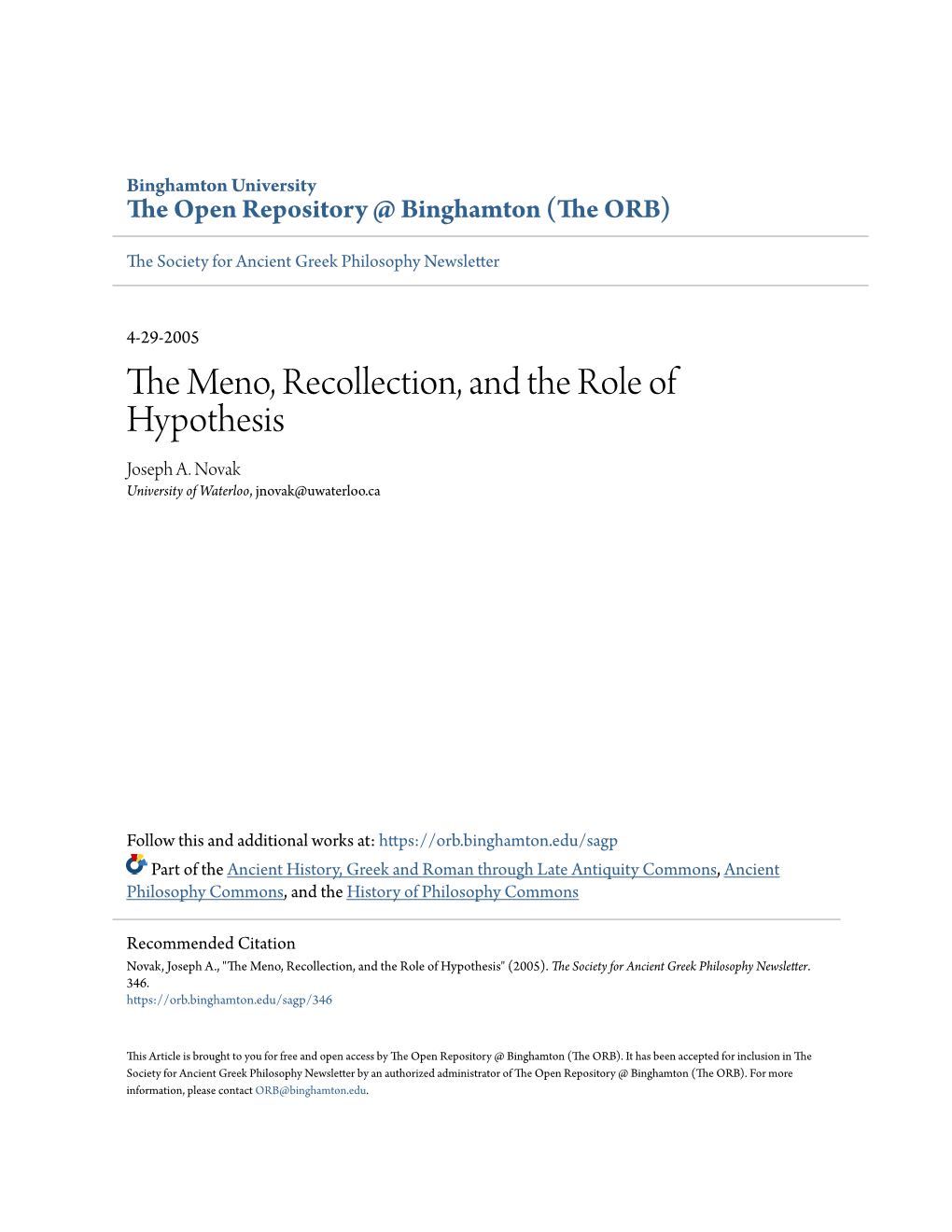 The Meno, Recollection, and the Role of Hypothesis Joseph A