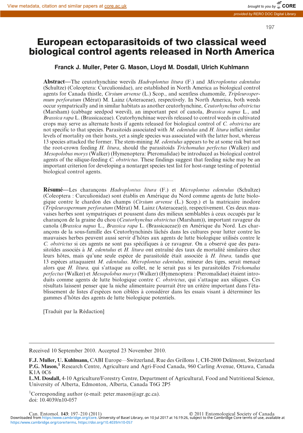 European Ectoparasitoids of Two Classical Weed Biological Control Agents Released in North America