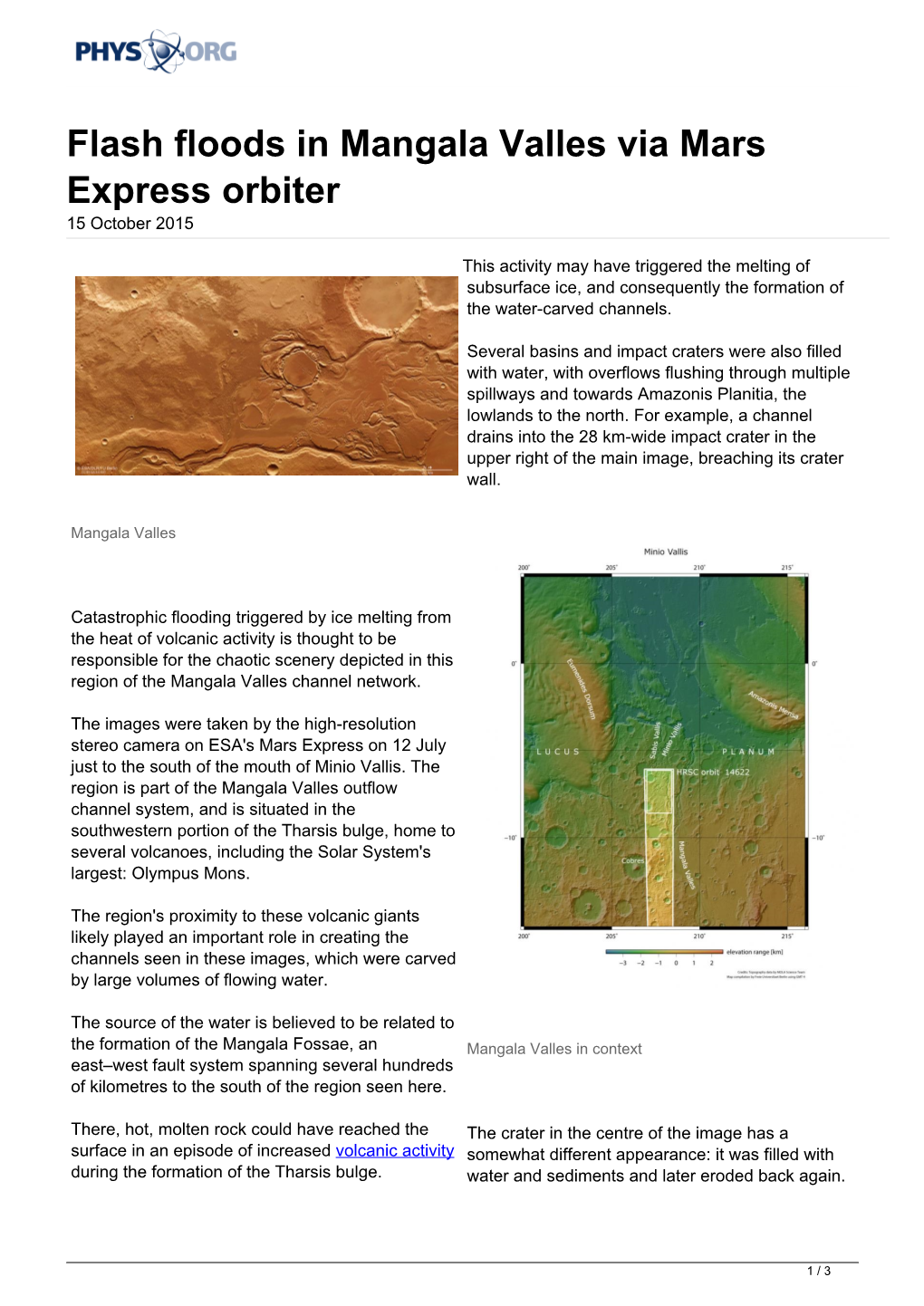 Flash Floods in Mangala Valles Via Mars Express Orbiter 15 October 2015