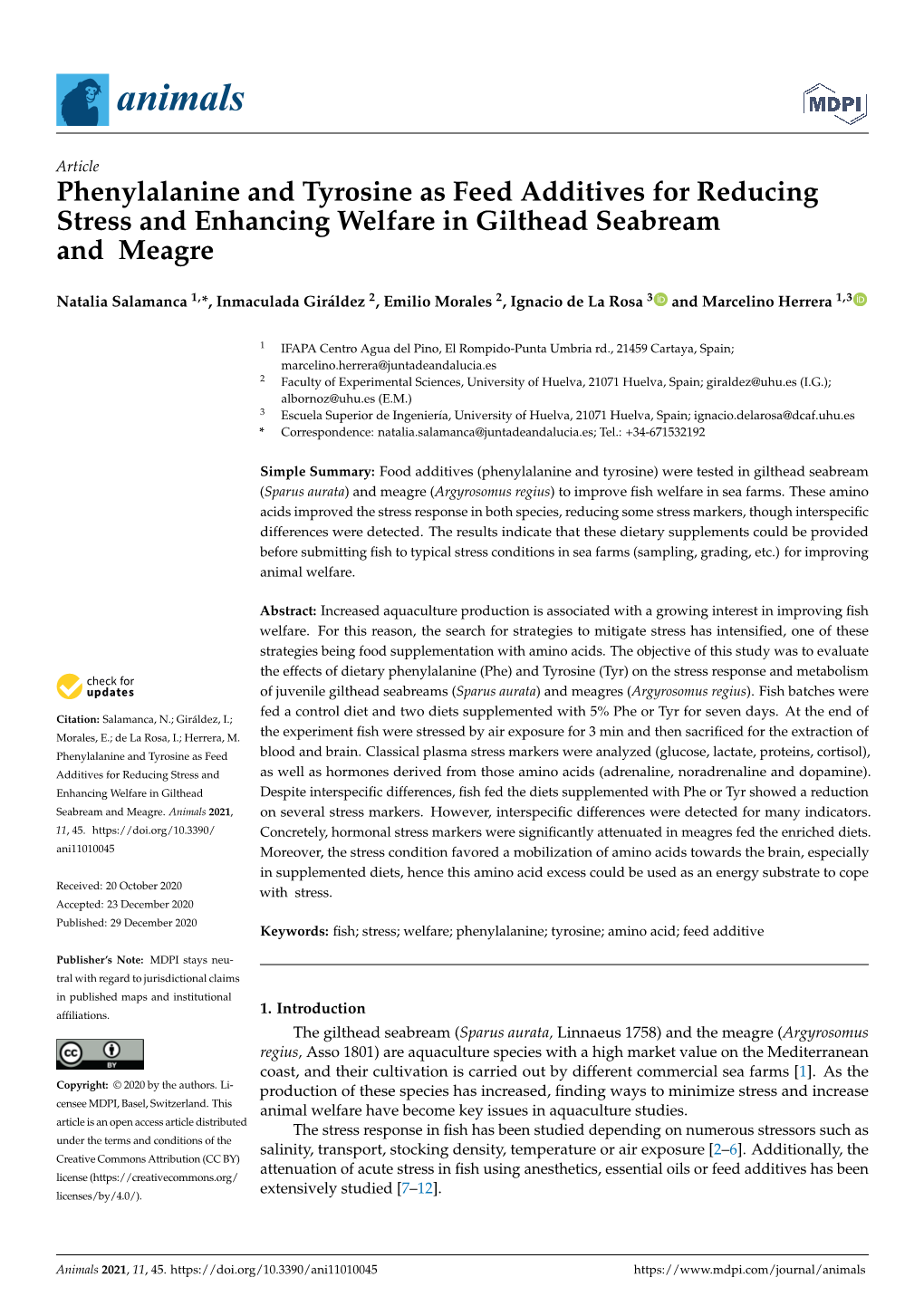 Phenylalanine and Tyrosine As Feed Additives for Reducing Stress and Enhancing Welfare in Gilthead Seabream and Meagre