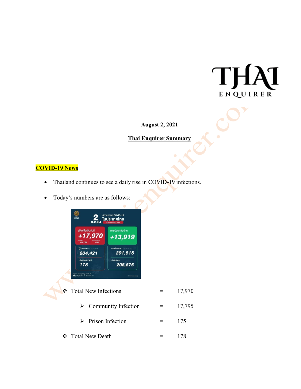 August 2, 2021 Thai Enquirer Summary COVID-19 News