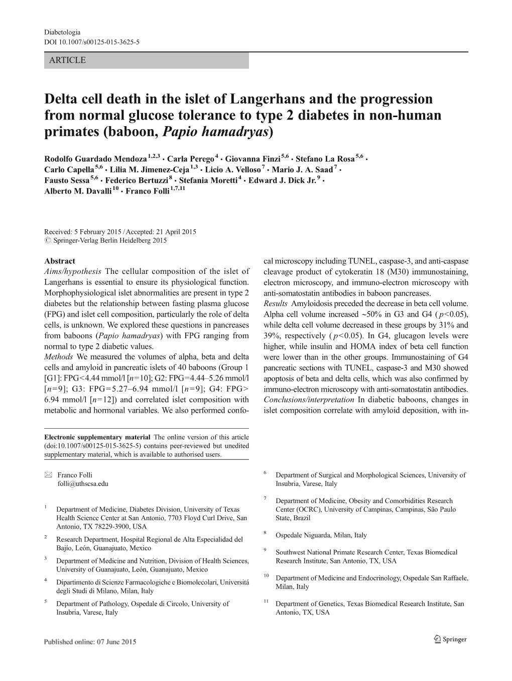 Delta Cell Death in the Islet of Langerhans and the Progression from Normal Glucose Tolerance to Type 2 Diabetes in Non-Human Primates (Baboon, Papio Hamadryas)