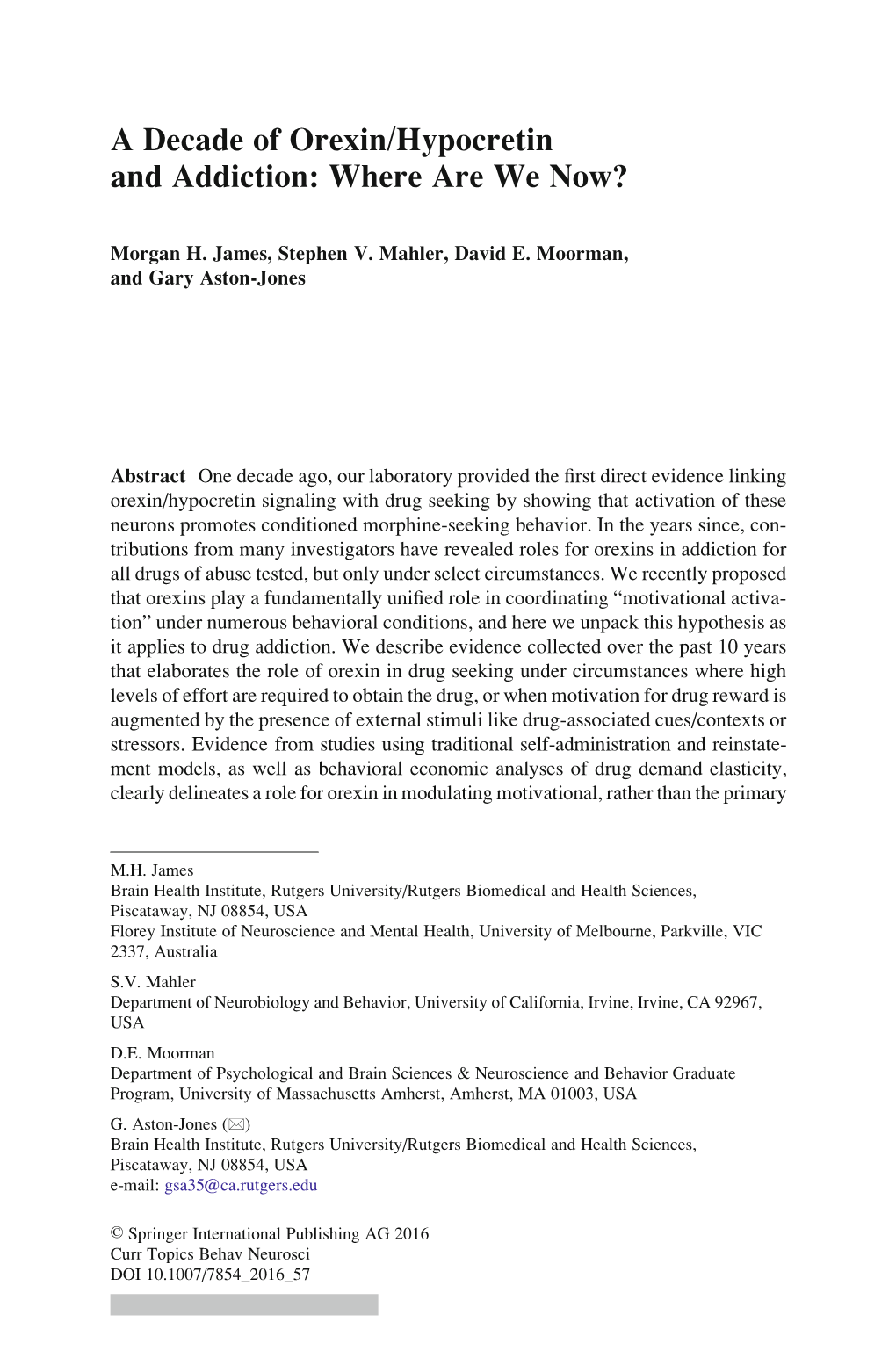 A Decade of Orexin/Hypocretin and Addiction: Where Are We Now?