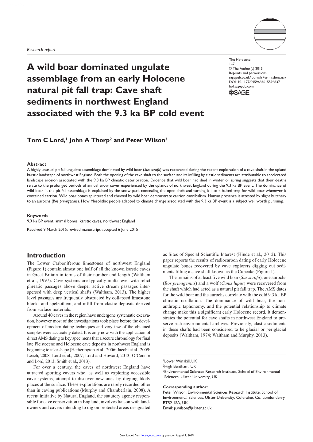 A Wild Boar Dominated Ungulate Assemblage from an Early Holocene Natural Pit Fall Trap