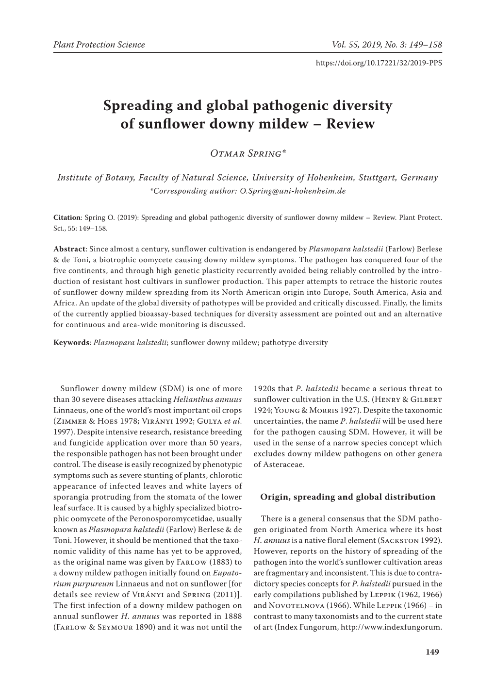 Spreading and Global Pathogenic Diversity of Sunflower Downy Mildew – Review