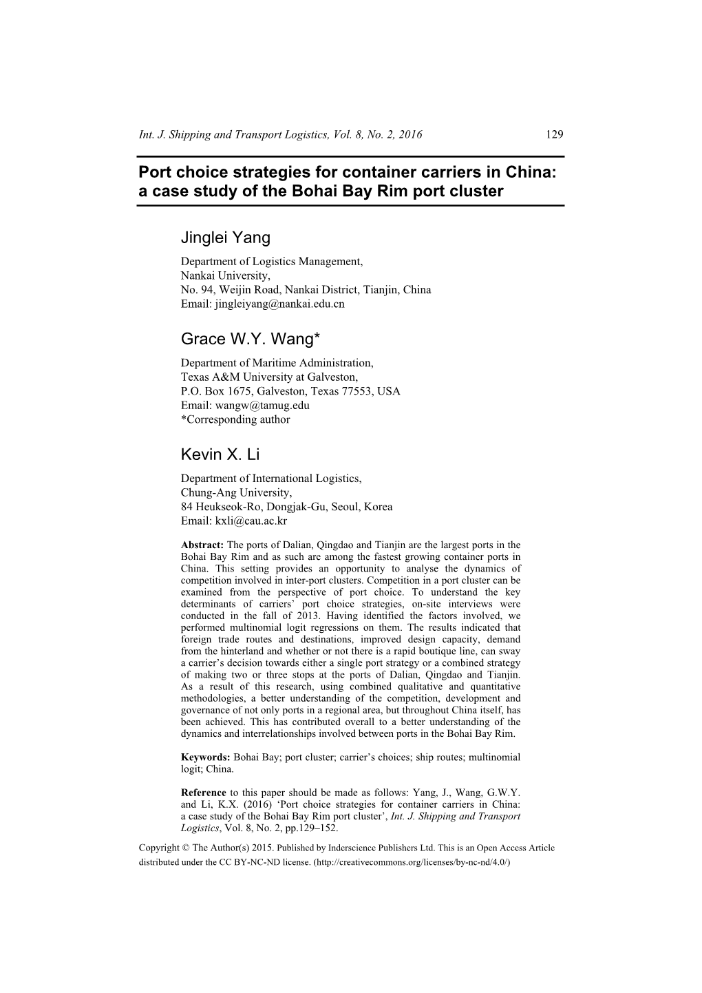 A Case Study of the Bohai Bay Rim Port Cluster Jinglei Yang