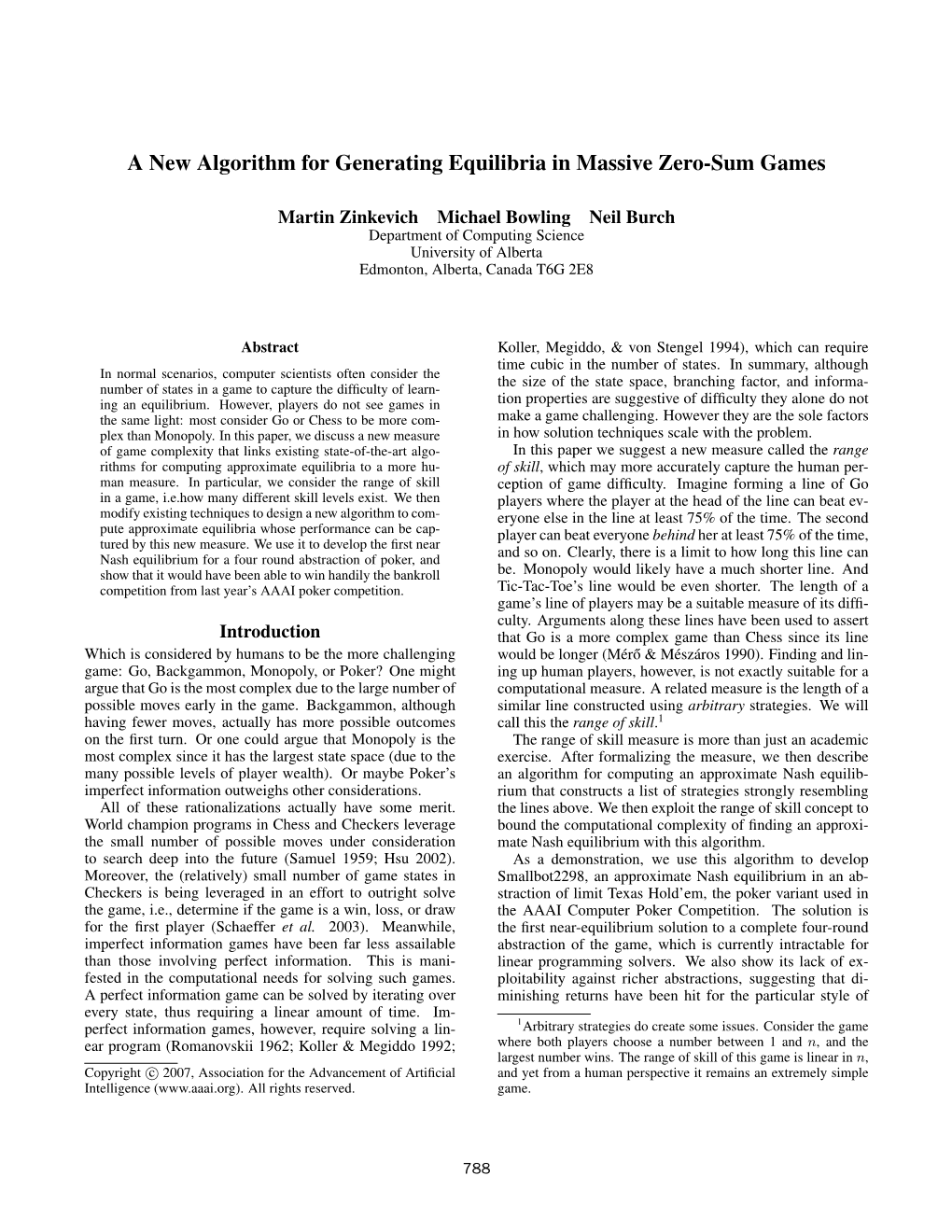 A New Algorithm for Generating Equilibria in Massive Zero-Sum Games