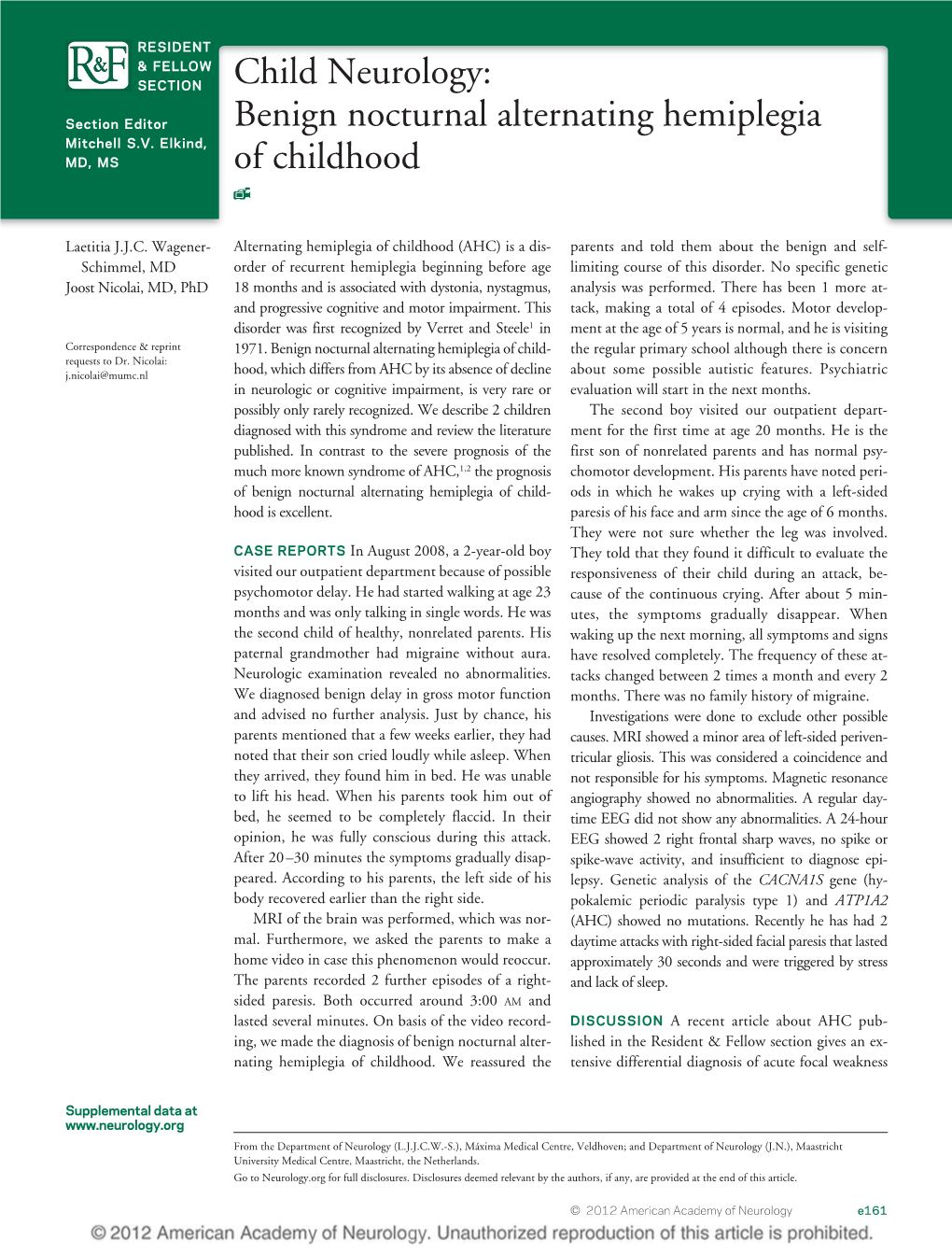 Child Neurology: Benign Nocturnal Alternating Hemiplegia of Childhood Laetitia J.J.C