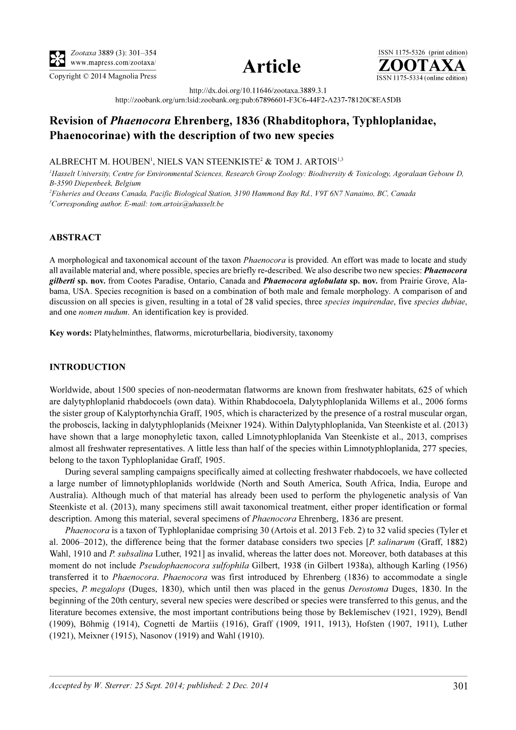 Revision of Phaenocora Ehrenberg, 1836 (Rhabditophora, Typhloplanidae, Phaenocorinae) with the Description of Two New Species