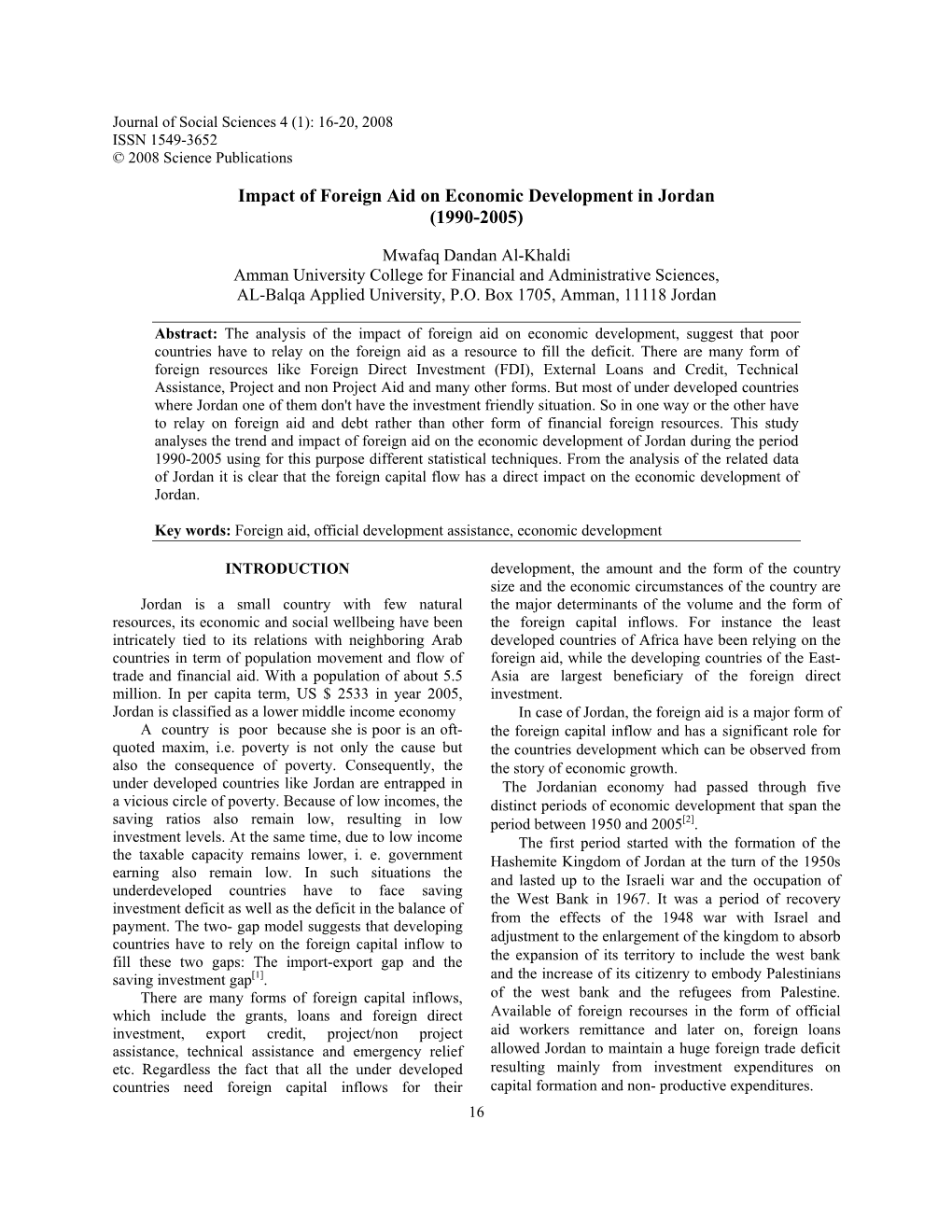 Impact of Foreign Aid on Economic Development in Jordan (1990-2005)