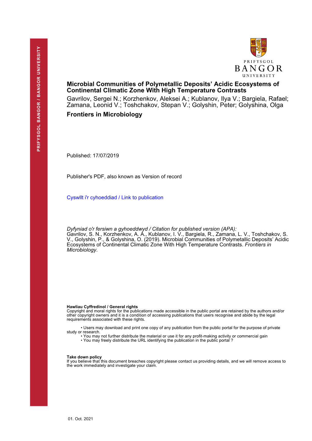 Microbial Communities of Polymetallic Deposits' Acidic