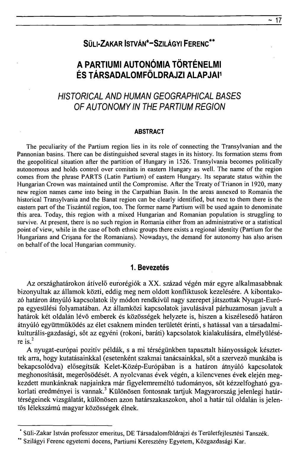 Historical and Human Geographical Bases of Autonomy in the Partium Region