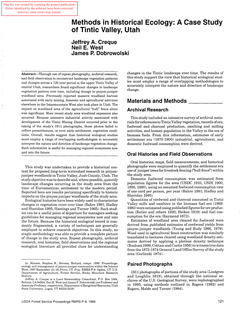 Methods in Historical Ecology: a Case Study of Tintic Valley, Utah