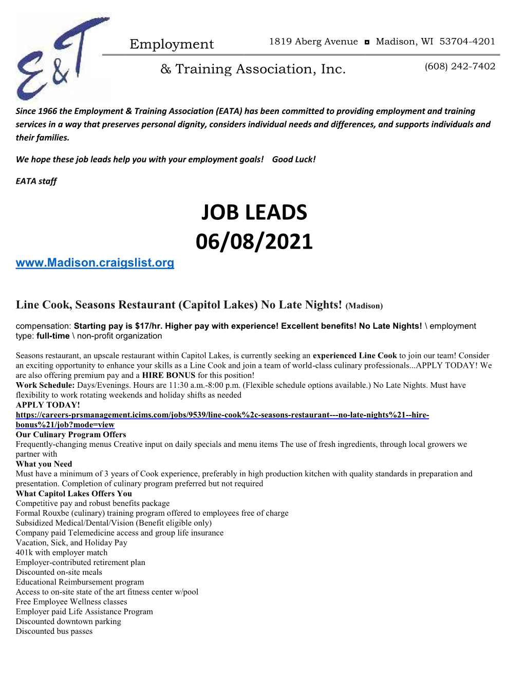 Job Leads 06/08/2021