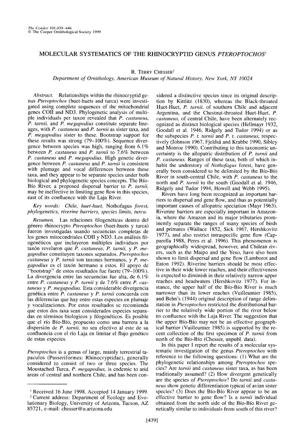 Molecular Systematics of the Rhinocryptid Genus Pteroptochos'