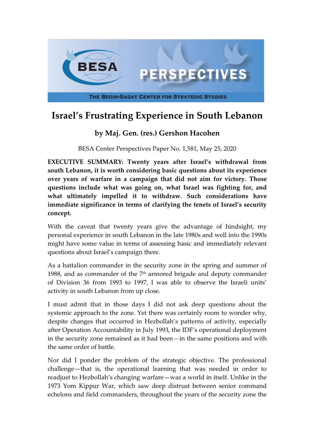 Israel's Frustrating Experience in South Lebanon