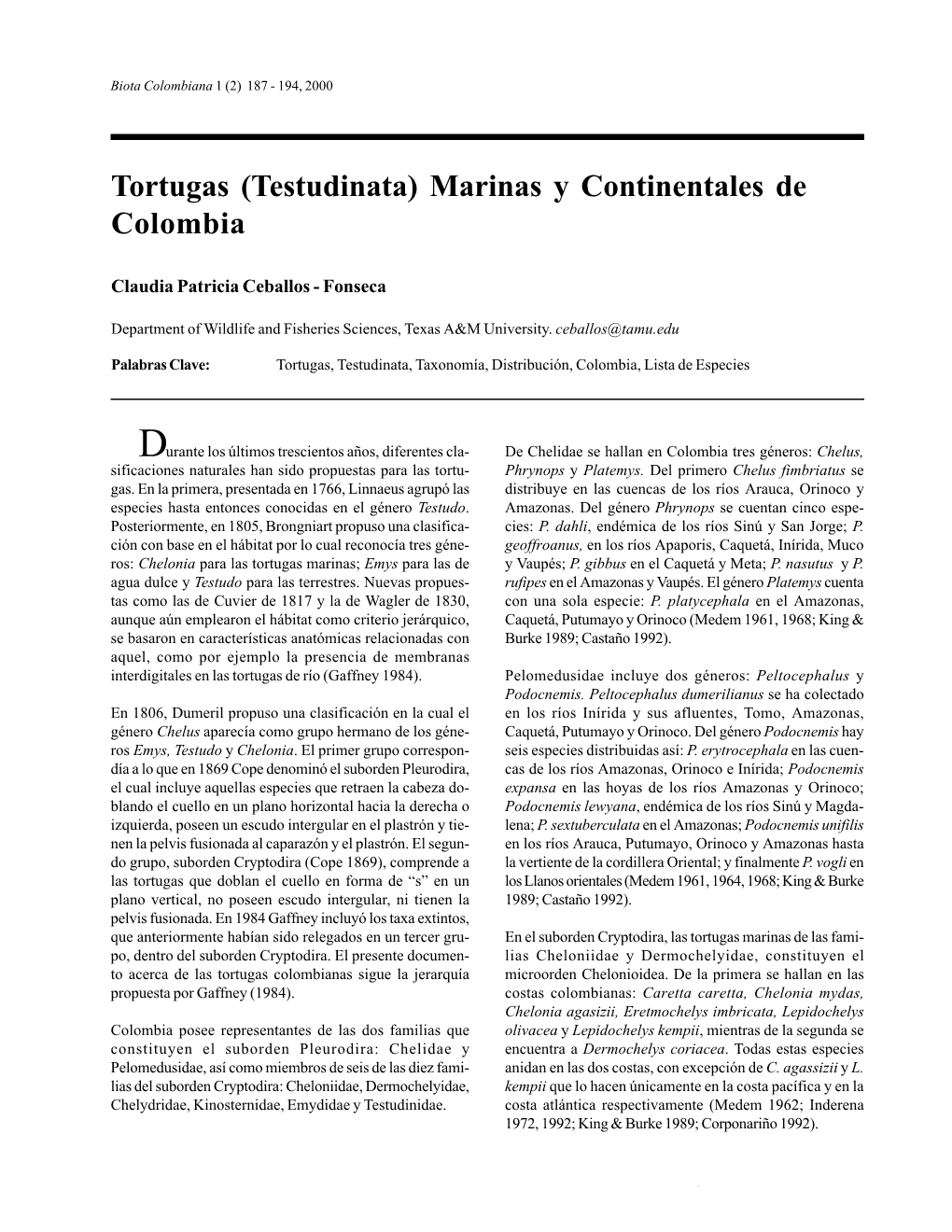 Tortugas (Testudinata) Marinas Y Continentales De Colombia