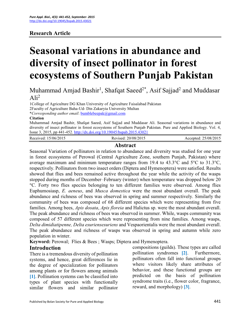 Seasonal Variations in Abundance and Diversity of Insect Pollinator in Forest Ecosystems of Southern Punjab Pakistan