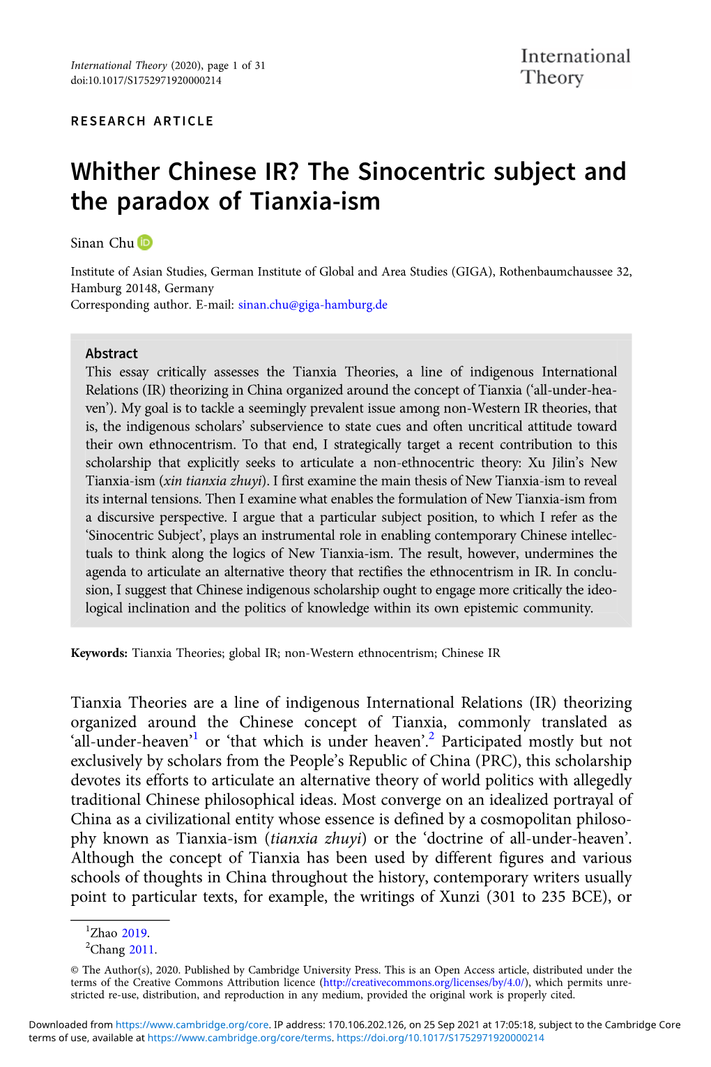 The Sinocentric Subject and the Paradox of Tianxia-Ism