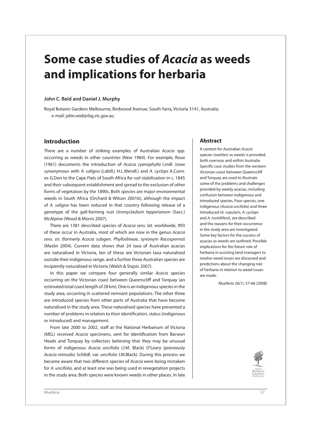 Some Case Studies of Acacia As Weeds and Implications for Herbaria