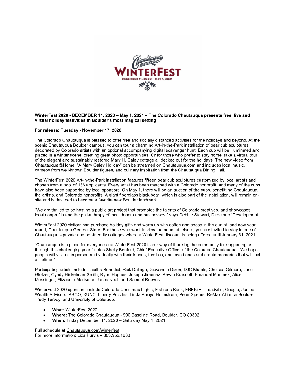 Winterfest 2020 - DECEMBER 11, 2020 – May 1, 2021 – the Colorado Chautauqua Presents Free, Live and Virtual Holiday Festivities in Boulder’S Most Magical Setting