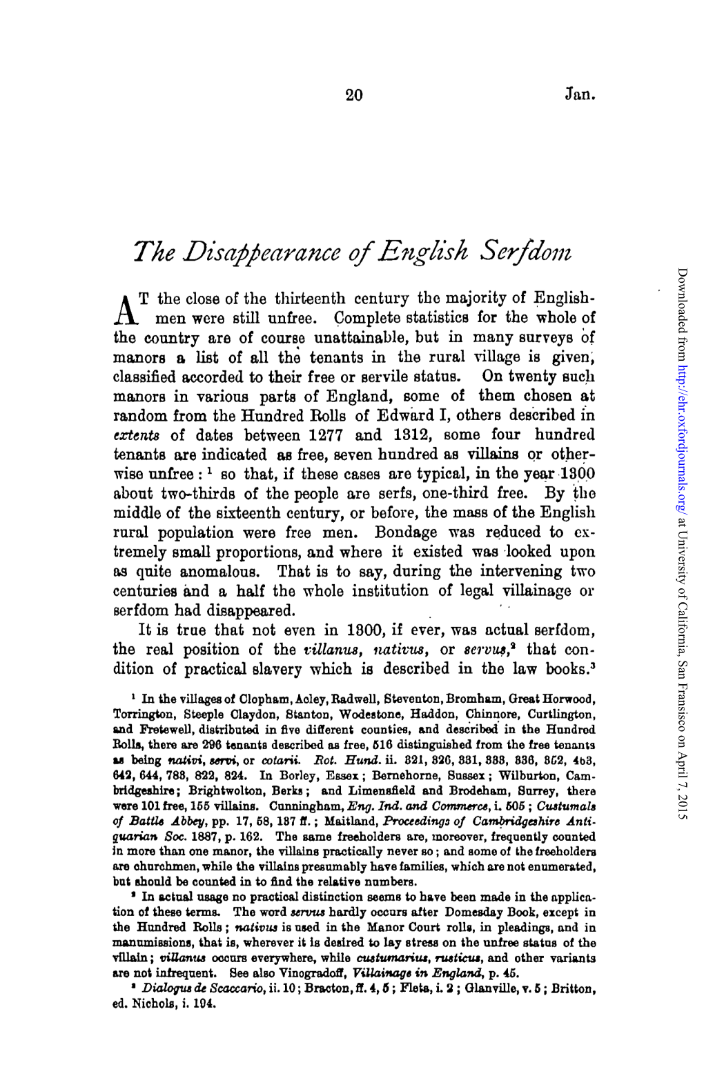 The Disappearance of English Serfdom Downloaded From