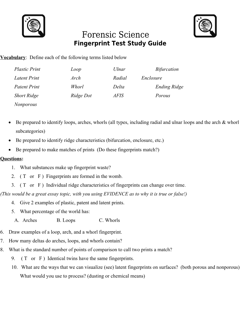 Fingerprint Test Study Guide