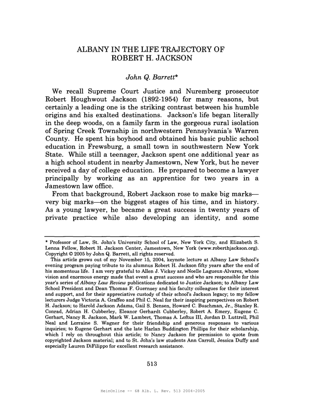 Albany in the Life Trajectory of Robert H. Jackson