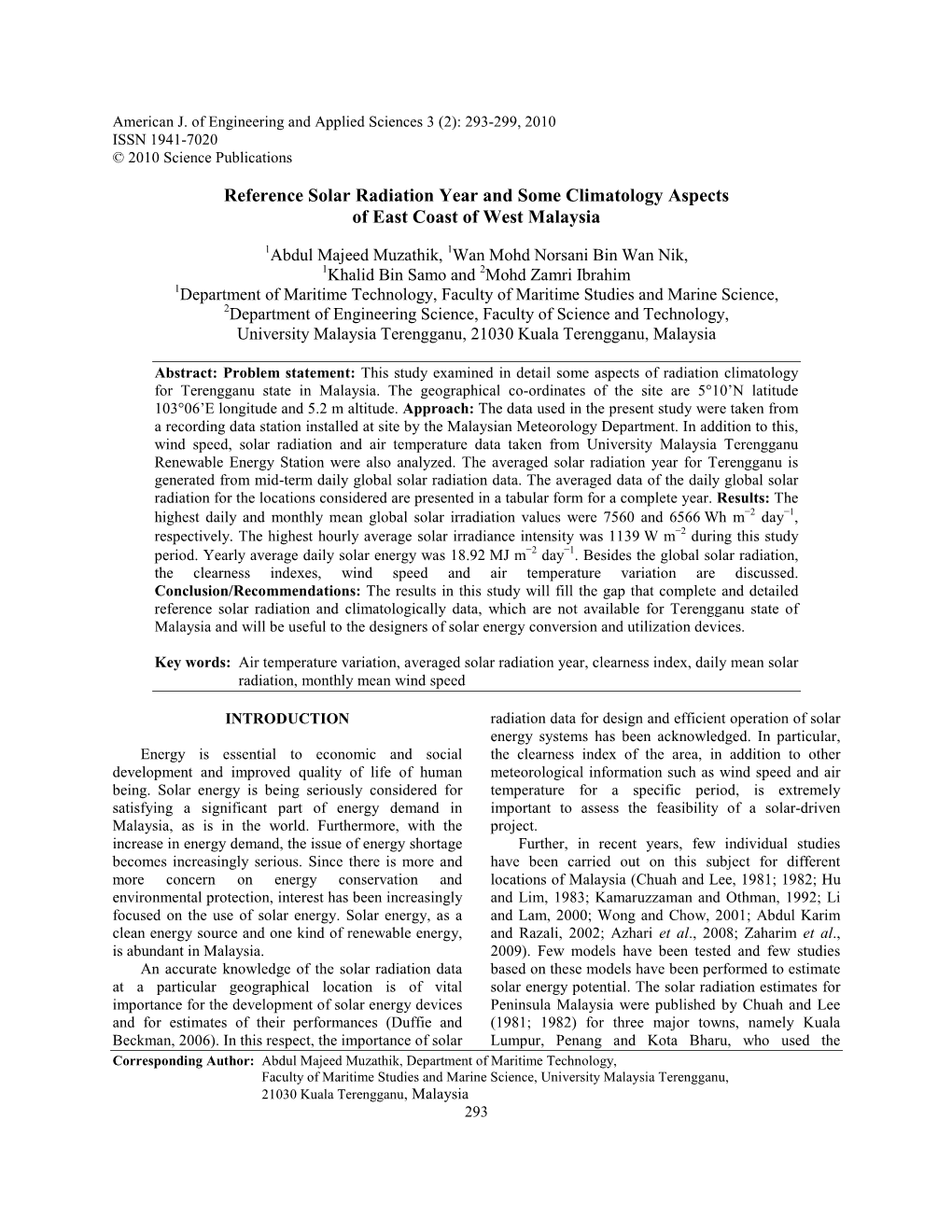 Reference Solar Radiation Year and Some Climatology Aspects of East Coast of West Malaysia