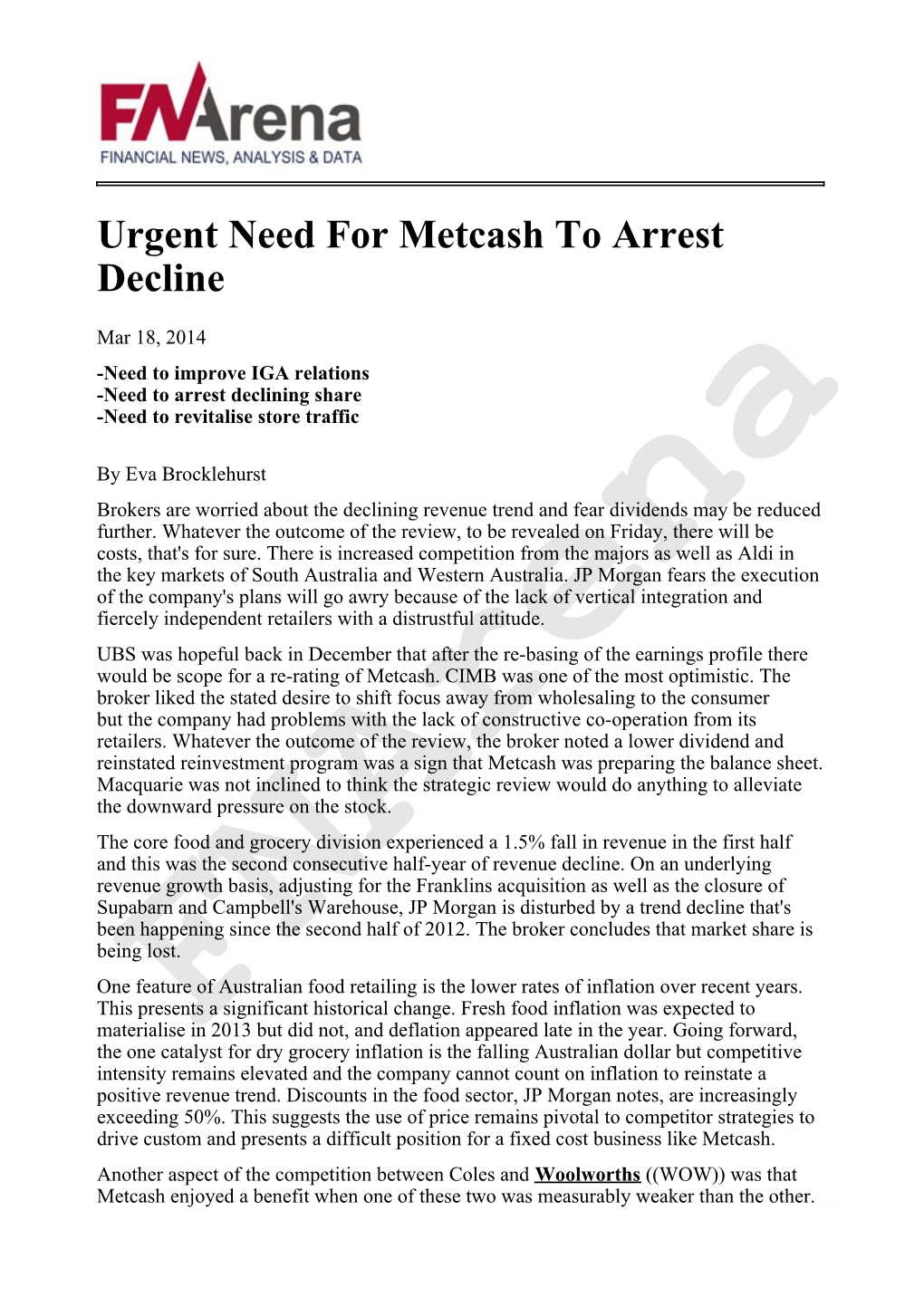 Urgent Need for Metcash to Arrest Decline