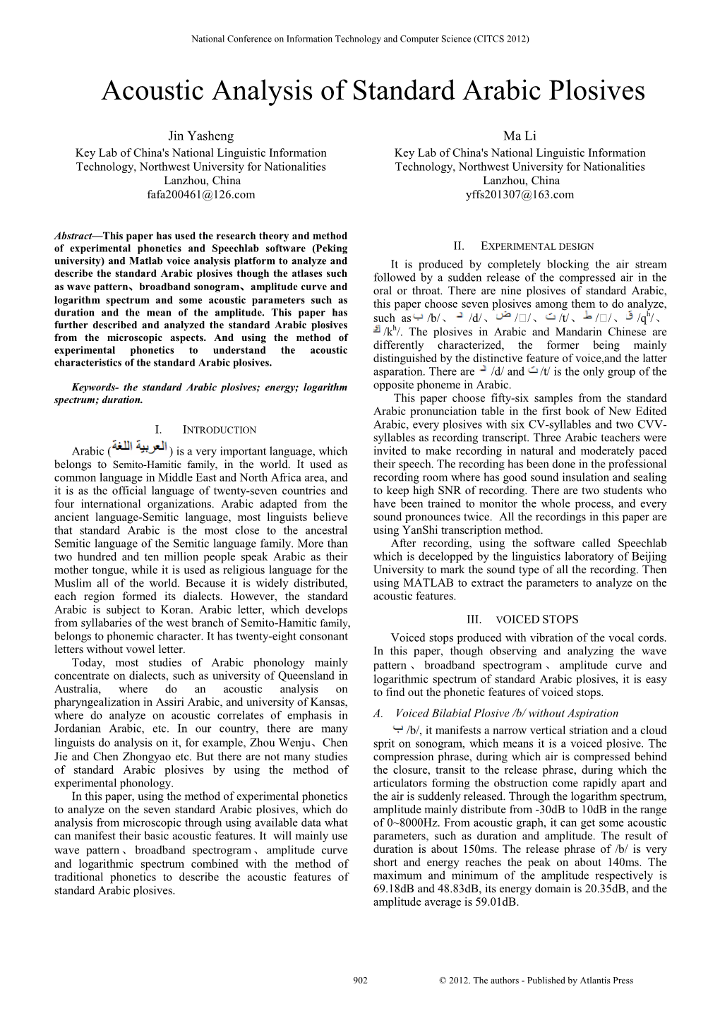 Acoustic Analysis of Standard Arabic Plosives