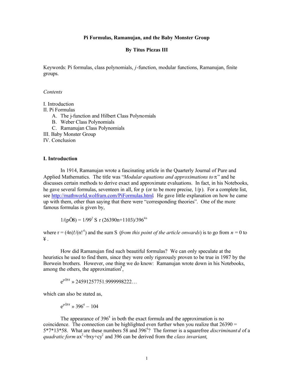 Pi Formulas, Ramanujan, and the Baby Monster Group By