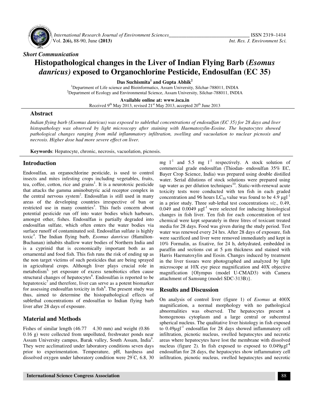 Histopathological Changes in the Liver of Indian Flying Barb (Esomus Danricus) Exposed to Organochlorine Pesticide, Endosulfan (EC 35)