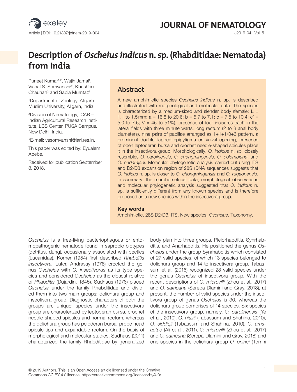 Description of Oscheius Indicus N. Sp. (Rhabditidae: Nematoda) from India