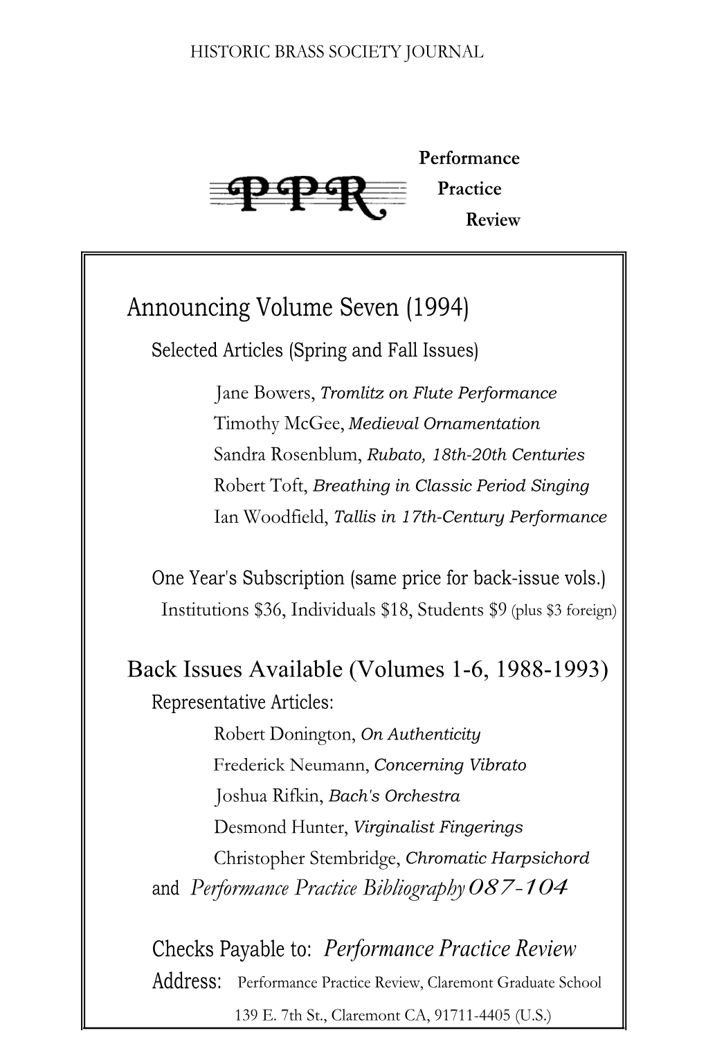 Announcing Volume Seven (1994) Selected Articles (Spring and Fall Issues)