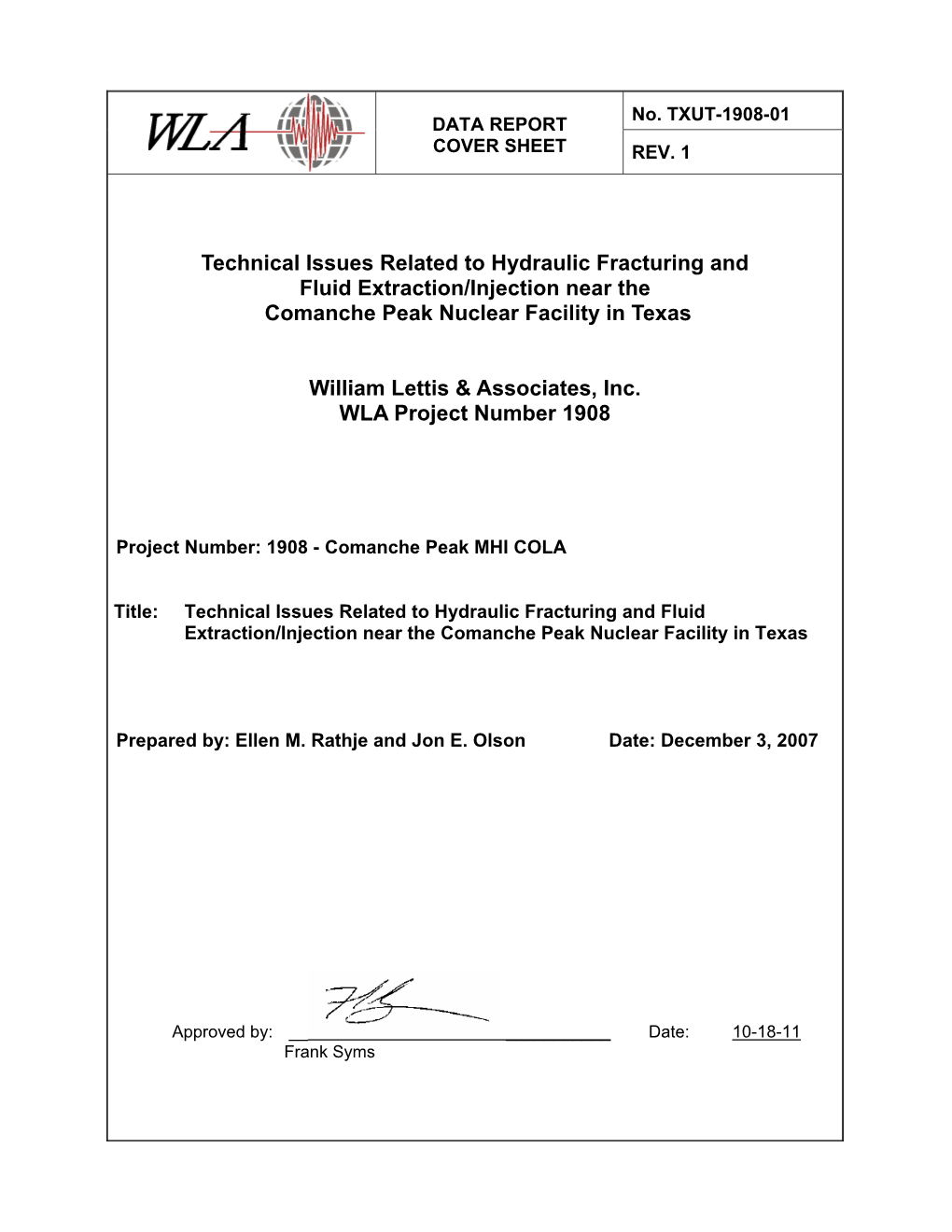 Technical Issues Related to Hydraulic Fracturing and Fluid Extraction/Injection Near the Comanche Peak Nuclear Facility in Texas