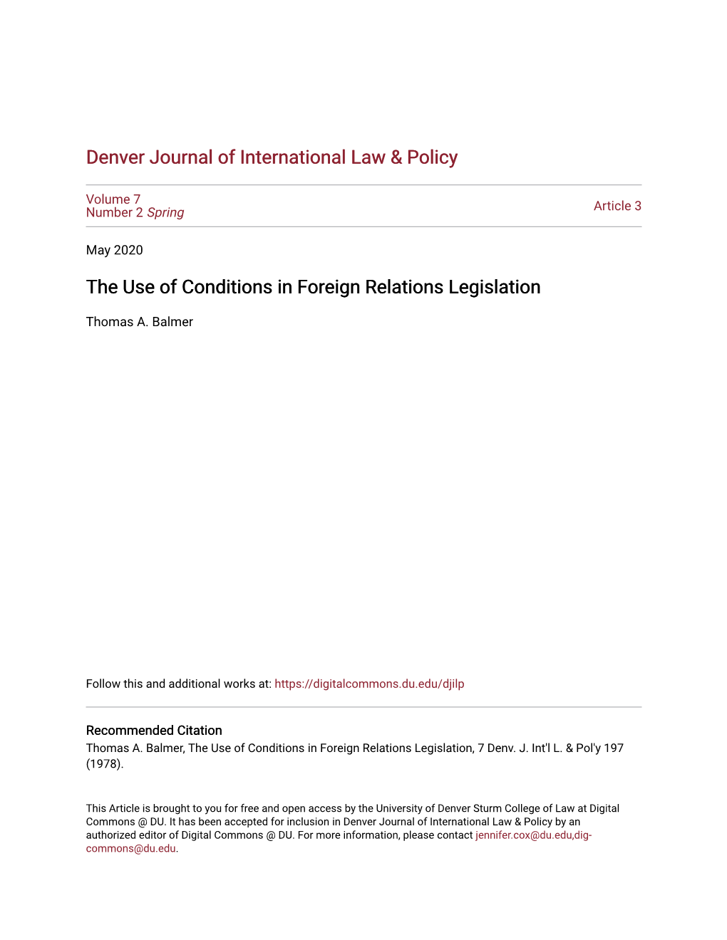 The Use of Conditions in Foreign Relations Legislation