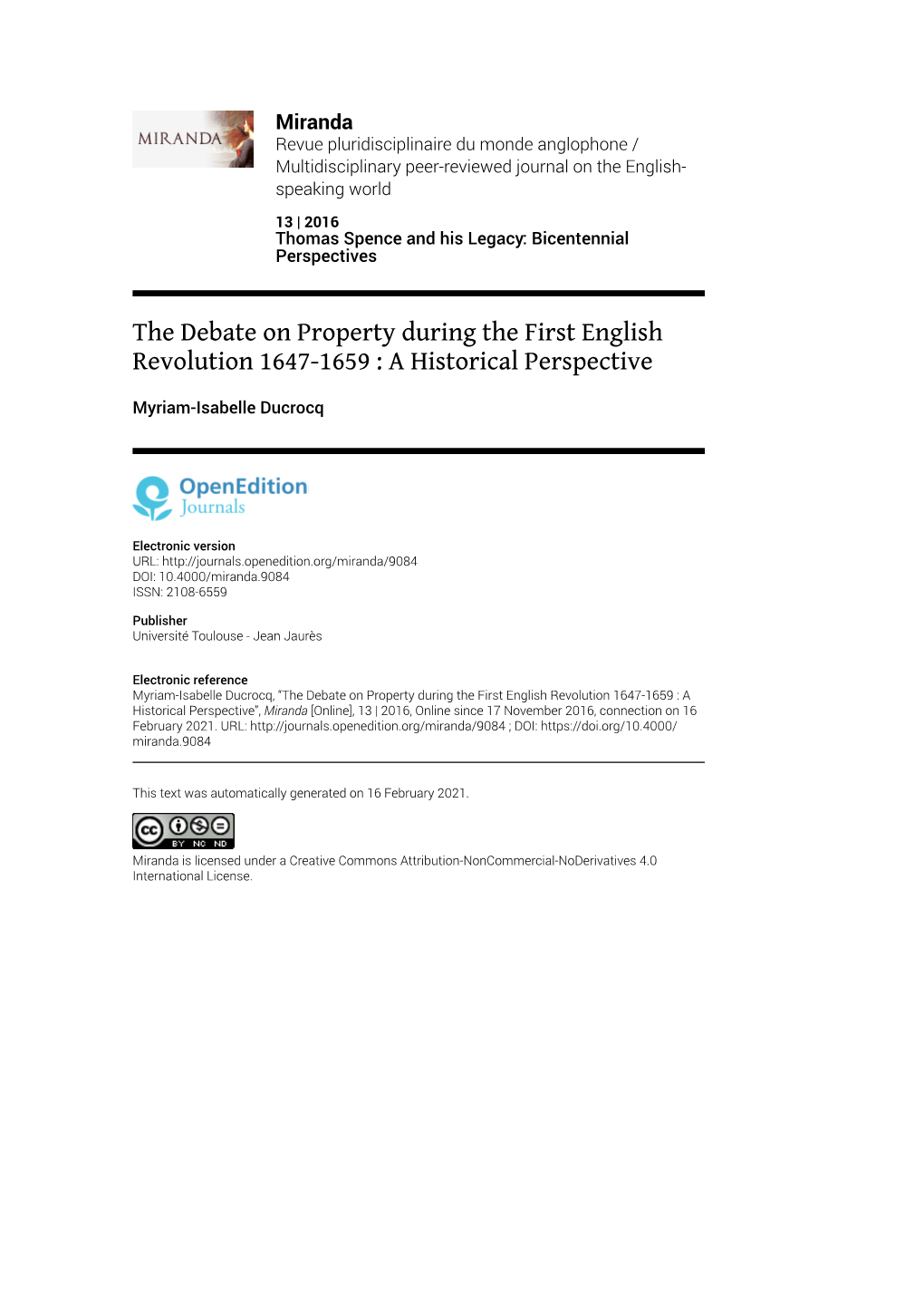 The Debate on Property During the First English Revolution 1647-1659 : a Historical Perspective