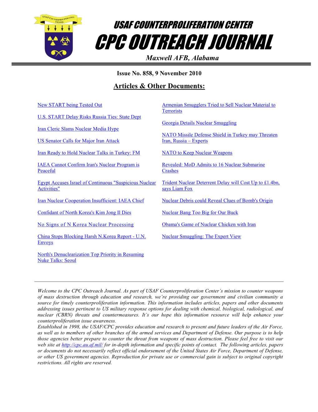 USAF Counterproliferation Center CPC Outreach Journal #858