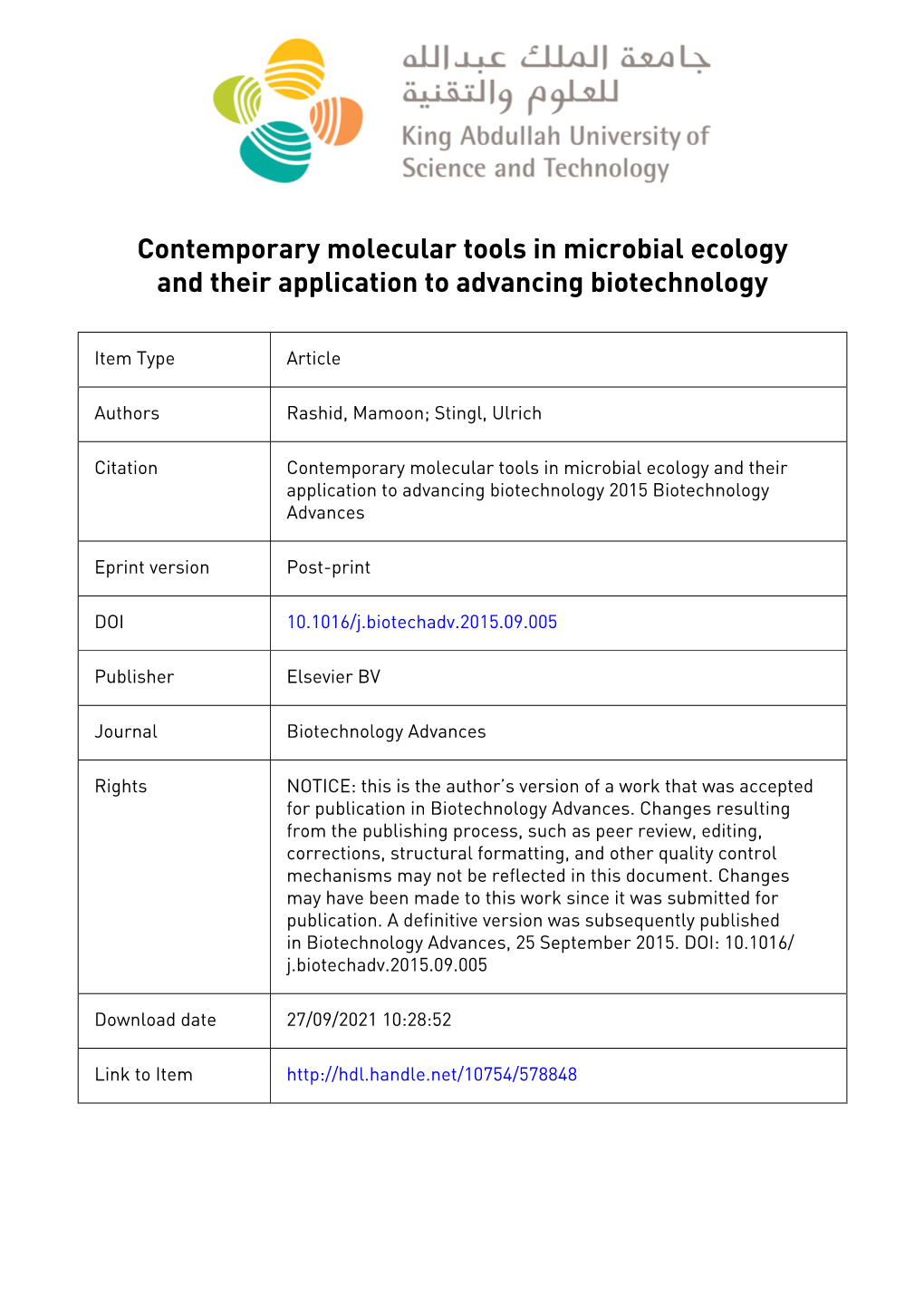 Contemporary Molecular Tools in Microbial Ecology and Their Application to Advancing Biotechnology