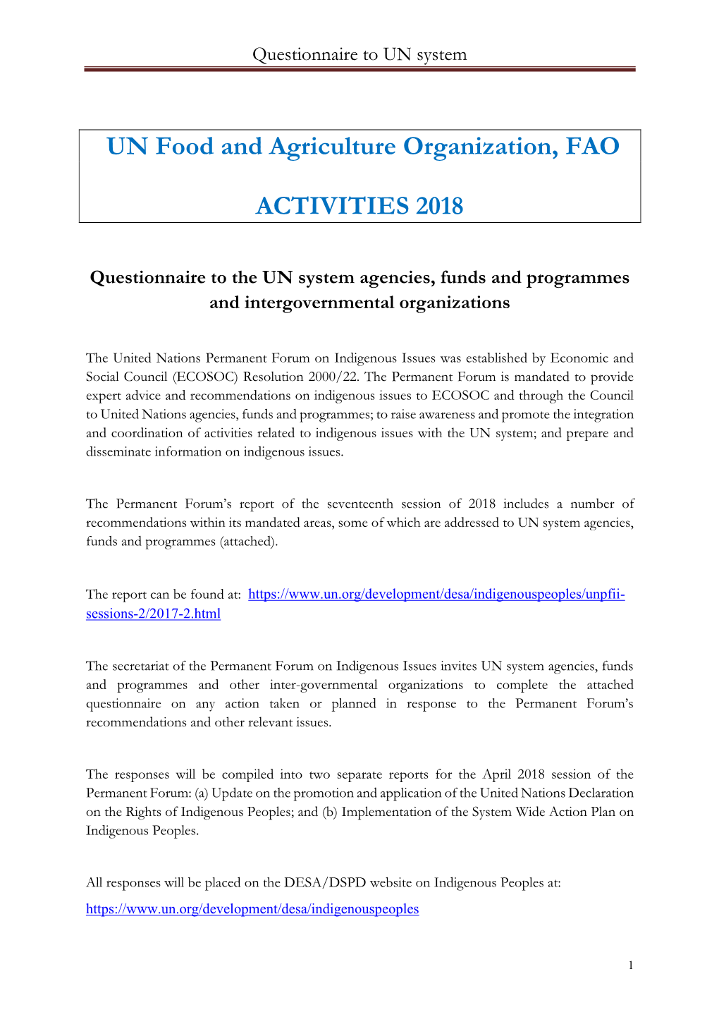 UN Food and Agriculture Organization, FAO ACTIVITIES 2018