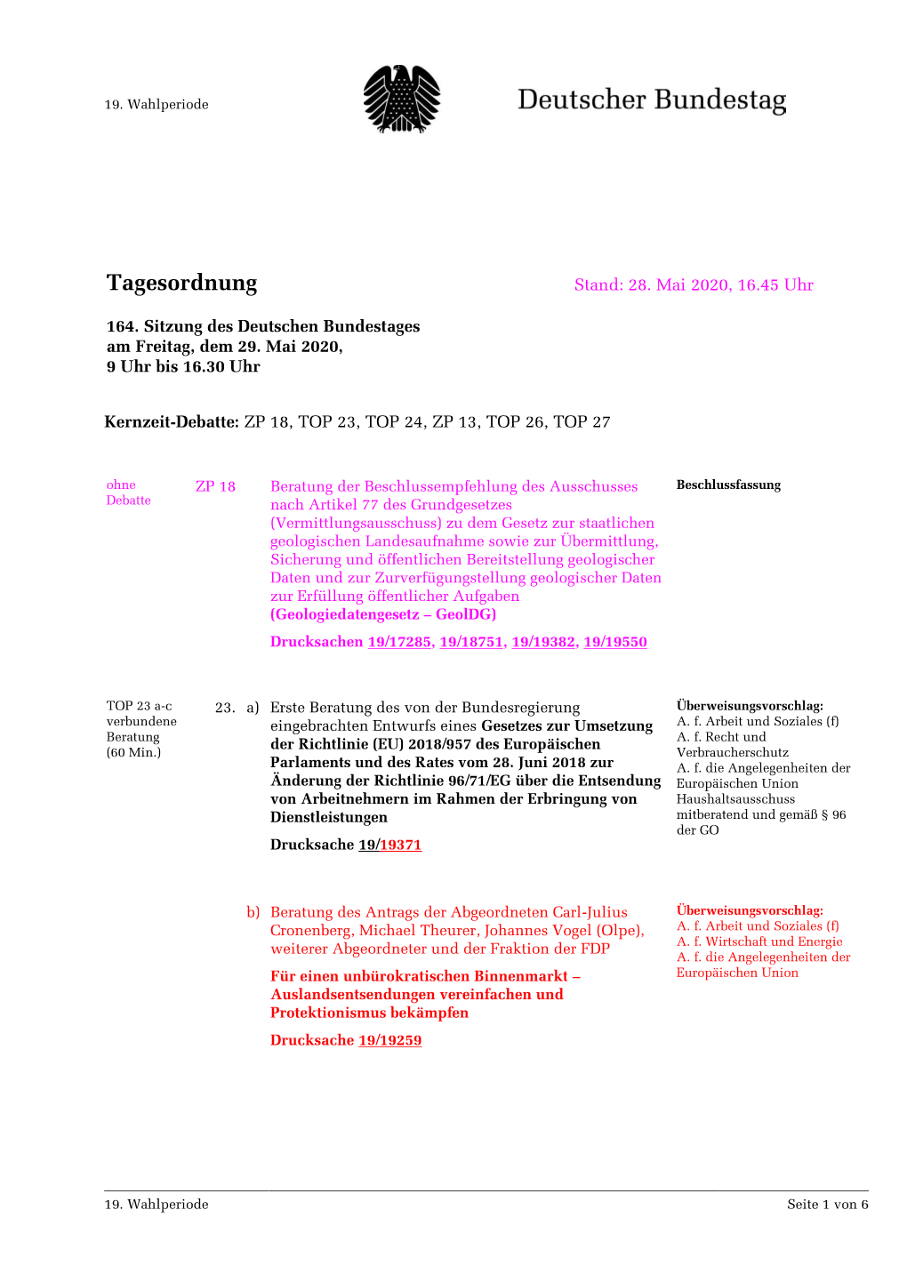 Amtliche Tagesordnung Der 164. Sitzung Des 19. Deutschen