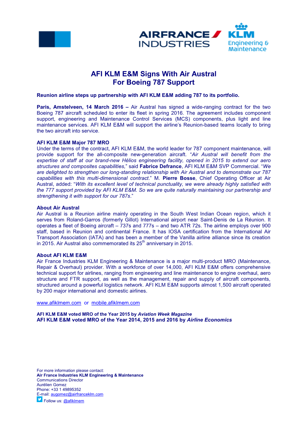 Air Austral for Boeing 787 Support