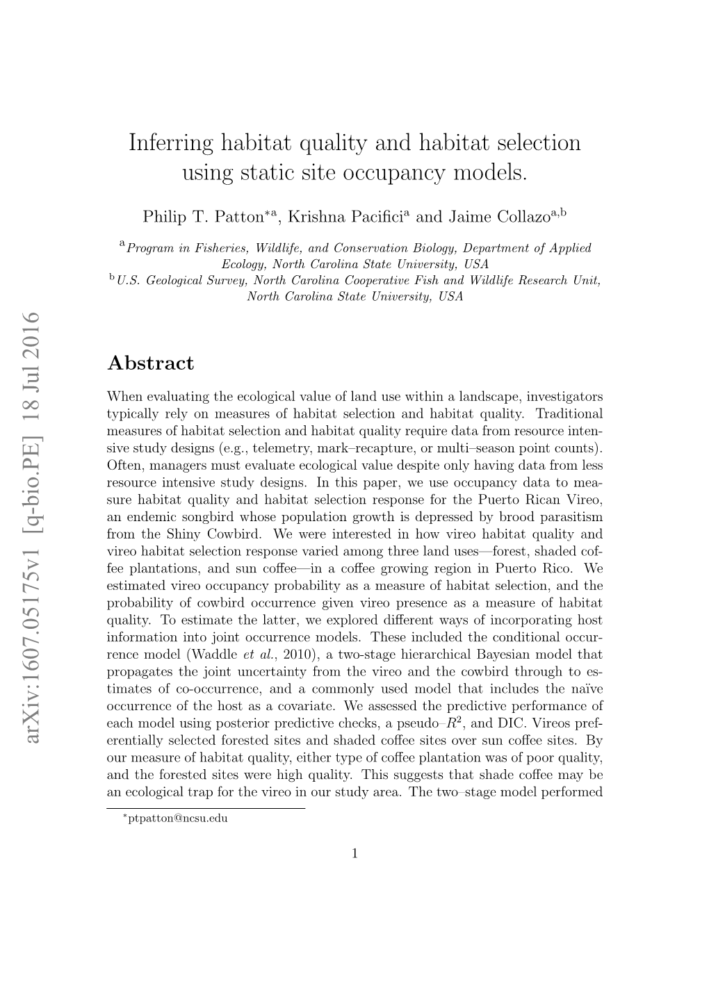 Inferring Habitat Quality and Habitat Selection Using Static Site Occupancy Models. Arxiv:1607.05175V1 [Q-Bio.PE] 18 Jul 2016